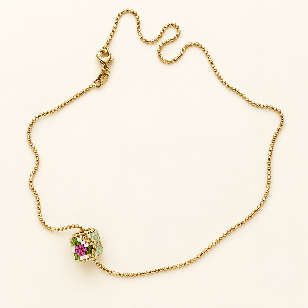 Gold-toned chain necklace with mint green, white and pink cylindrical beadwork
