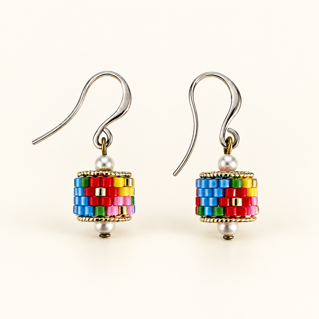 Pair of drop earrings with blue, red, yellow, green and pink cylindrical beadwork