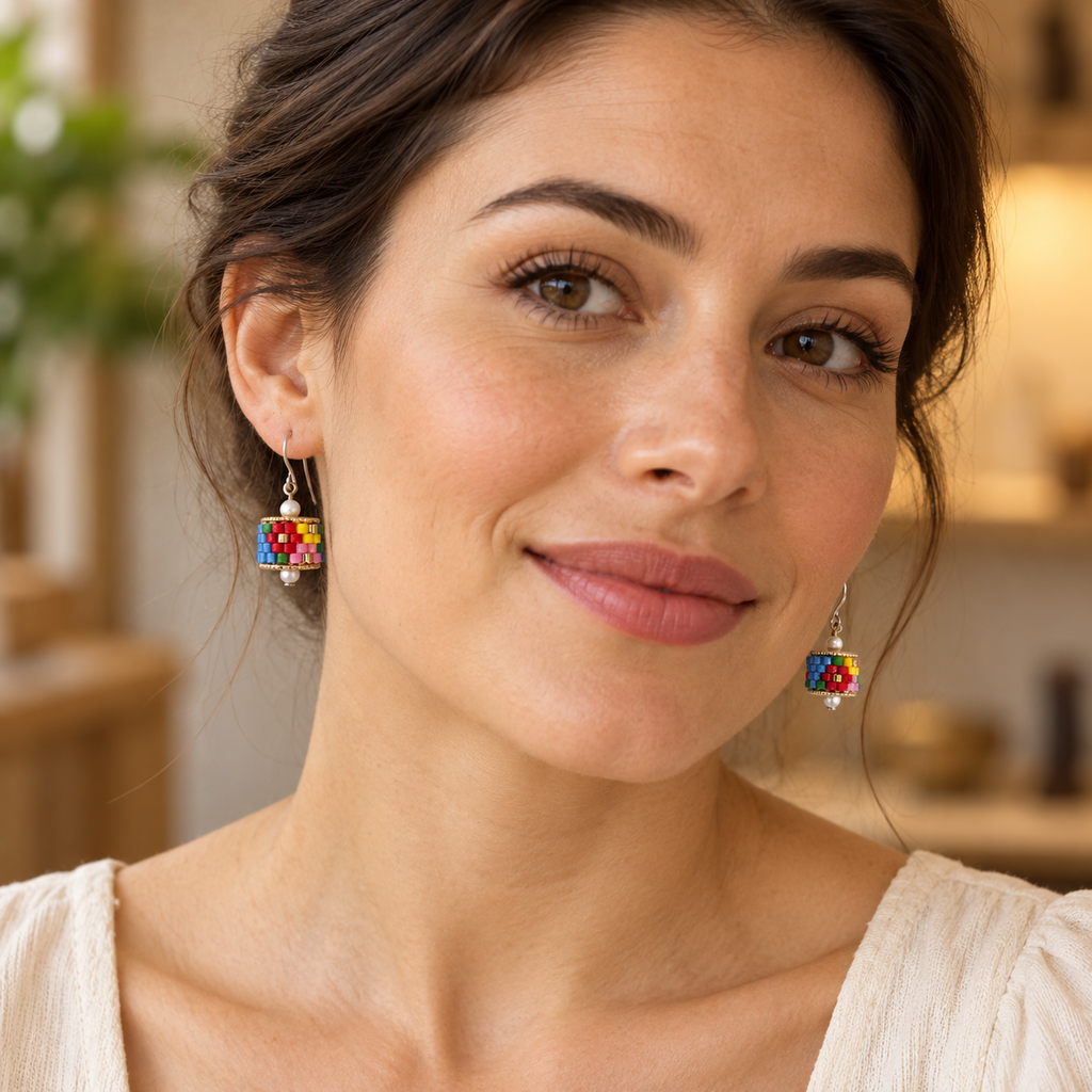 Pair of drop earrings with blue, red, yellow, green and pink cylindrical beadwork — styled view