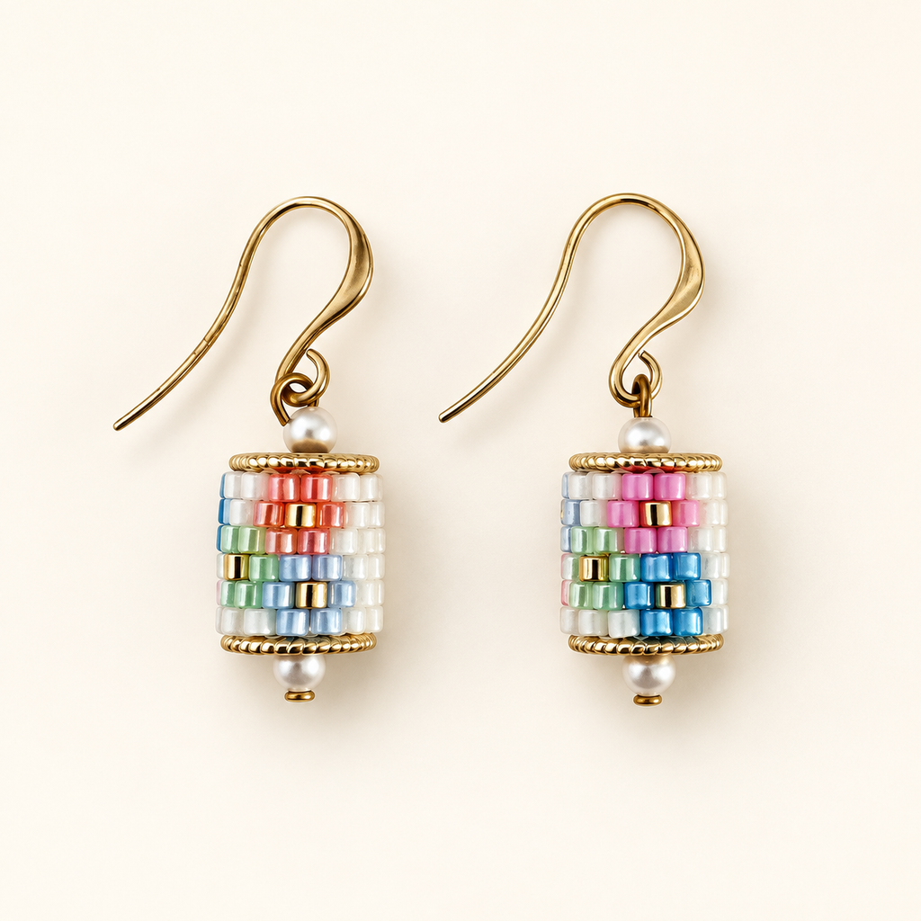 Pair of drop earrings with soft white, blue, green, pink and coral beadwork