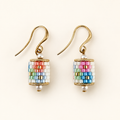Pair of drop earrings with soft white, blue, green, pink and coral beadwork