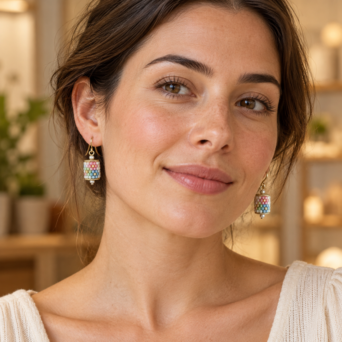 Pair of drop earrings with soft white, blue, green, pink and coral beadwork — styled view