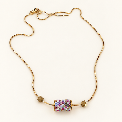 Gold-toned chain necklace with lavender, white, pale blue and pink beadwork